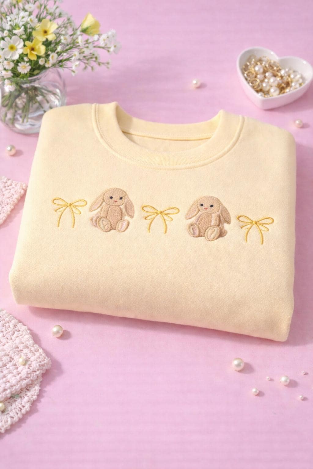 Pastel Bunny Embroidered Sweatshirt with Bows, Cute Cottagecore Crewneck Pullover, Easter Aesthetic Sweater, Soft Girl Spring Easter Outfit