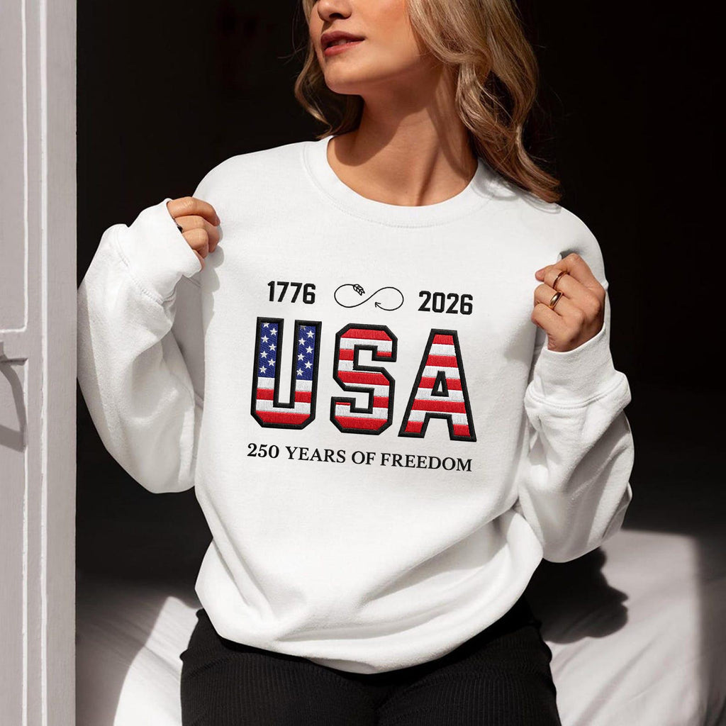 USA 250 Years of Freedom Embroidered Sweatshirt – Patriotic USA Letters – Independence Day 1776–2026
