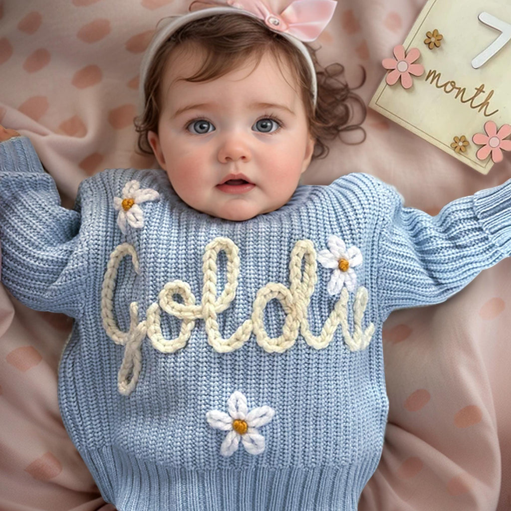 Baby Name Sweater Personalized, Hand Embroidered Knit for Girls or Boys, Cute Birthday Gift, Baby Outfit