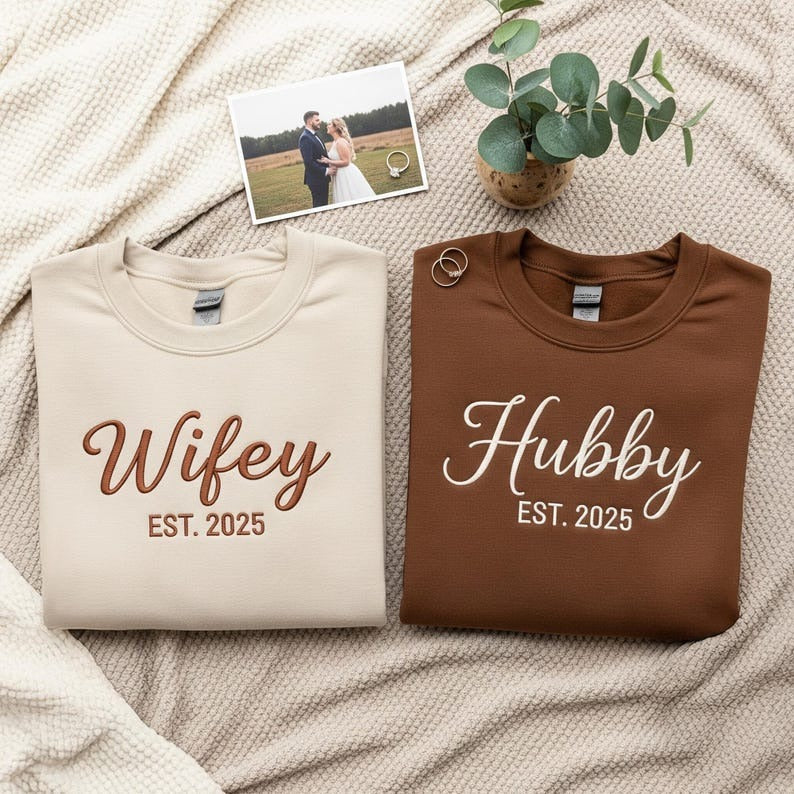 Wifey and Hubby Sweatshirt Set, Matching Couple Embroidered Sweater, Personalized Wedding Gift, EST Year, Bride and Groom Outfit