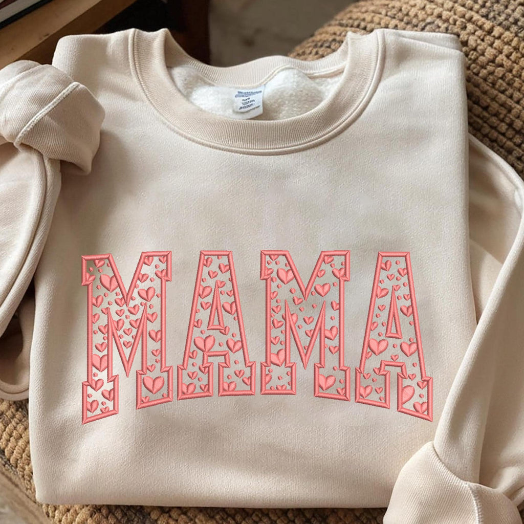 MAMA Heart Letter Embroidered Sweatshirt, Mom Valentine Sweatshirt, Cozy Valentine’s Day Gift for Mom