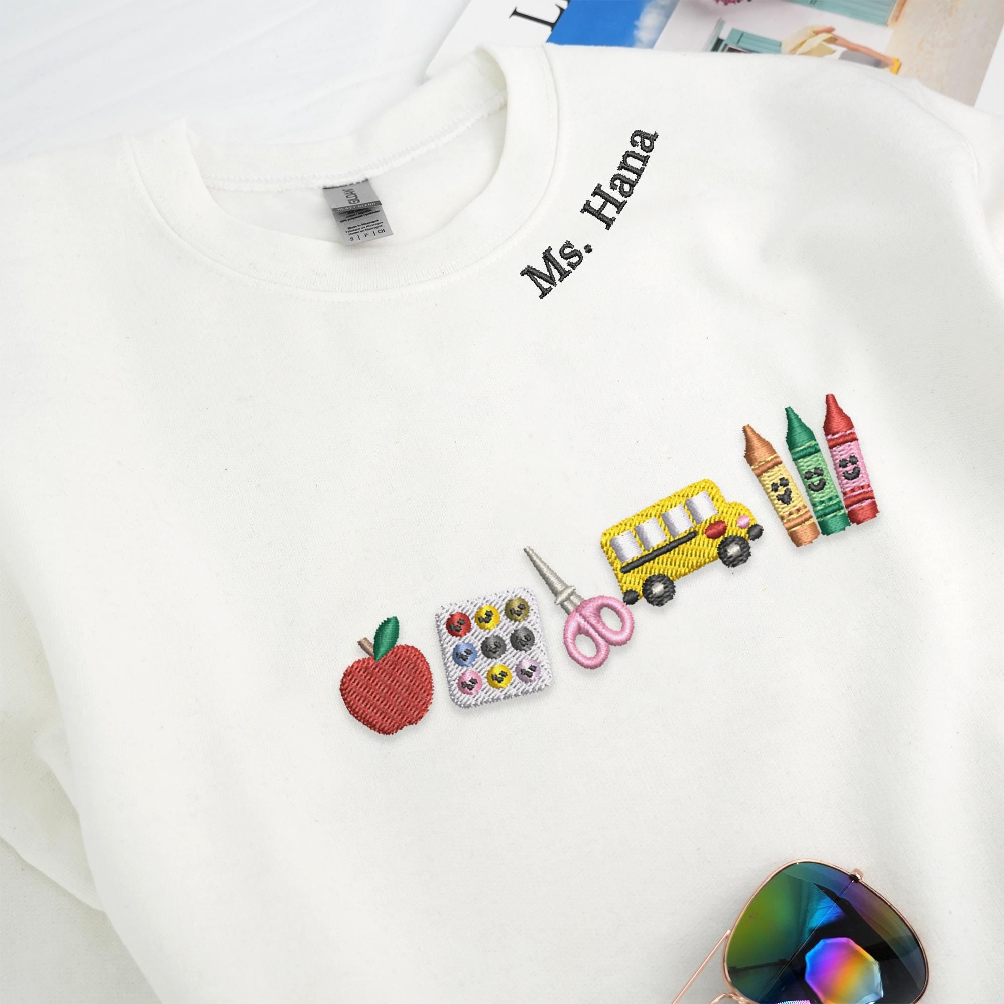 Personalized Apple Teacher Embroidered Sweatshirt, Custom Name Teacher Shirt, Back to School Gift, Classroom Apparel