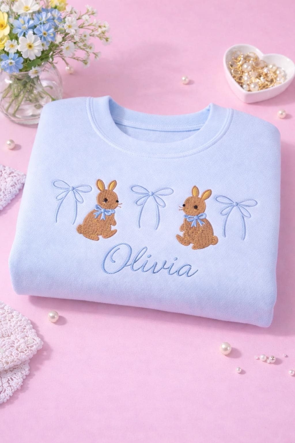 Pastel Bunny Embroidered Sweatshirt with Bows, Cute Cottagecore Crewneck Pullover, Personalized  Easter Aesthetic Sweater, Soft Girl Spring Easter Outfit,