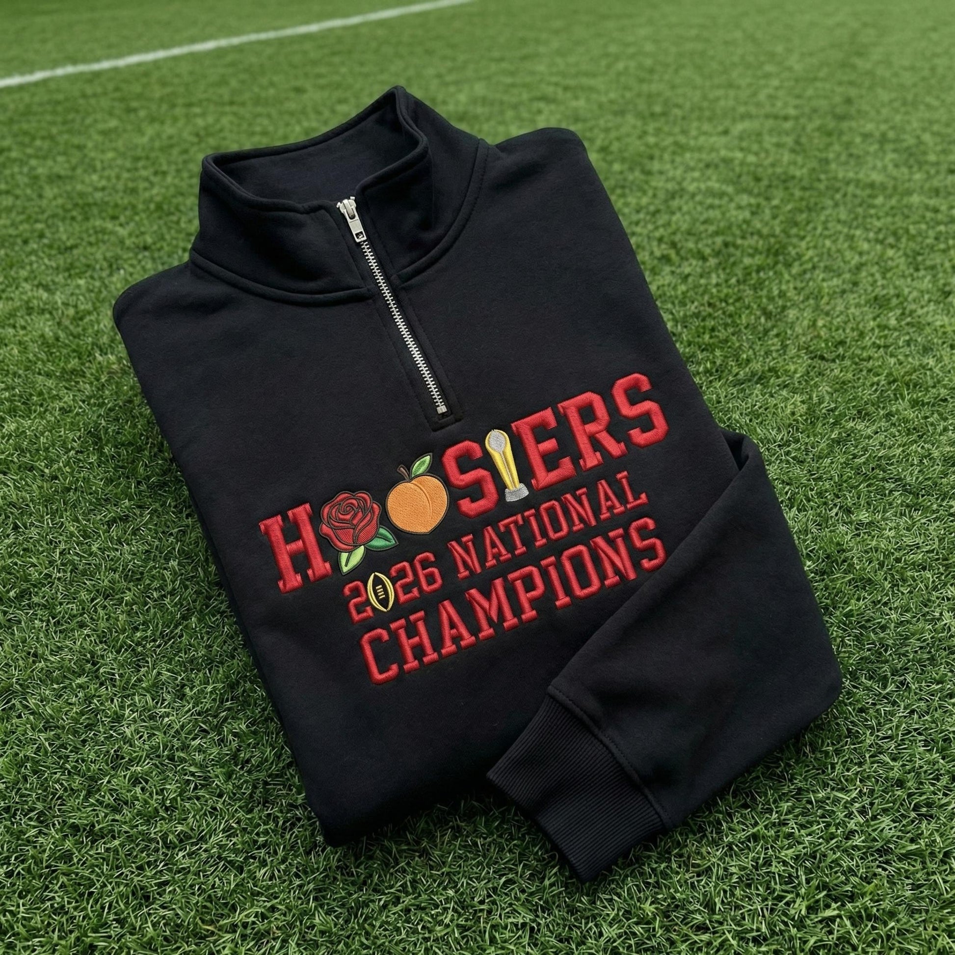 Embroidered Indiana Champions 2026 Quarter Zip Sweatshirt – Hoosiers Trophy Sweater, Unisex Indiana Fan Apparel, Game Day Embroidery