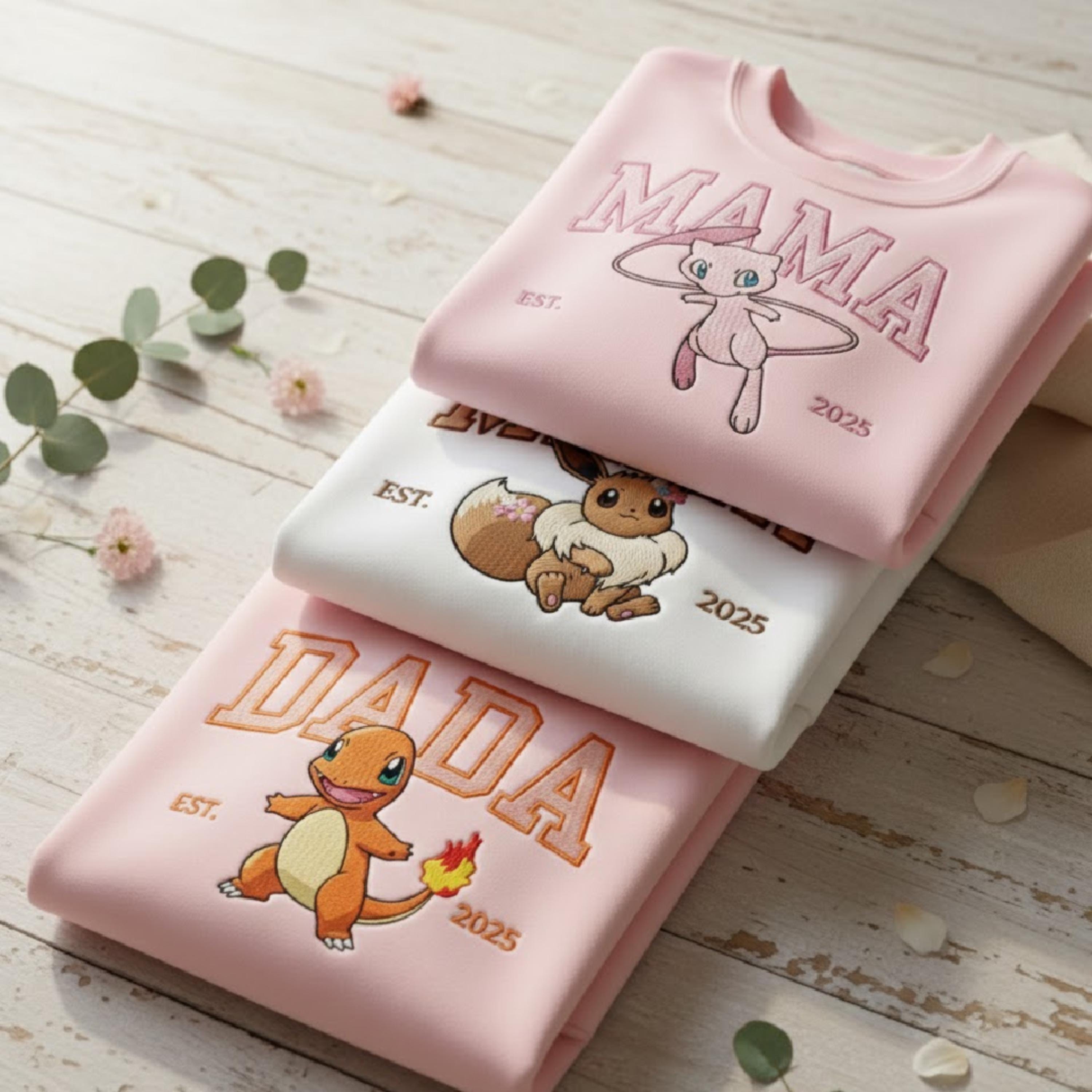 Embroidered Custom Pokedad Pokemom Hoodie, Cute Poke Characters Sweatshirt, Cozy Anime Embroidery, Gift for PKM Fans, Gift for dada and mama