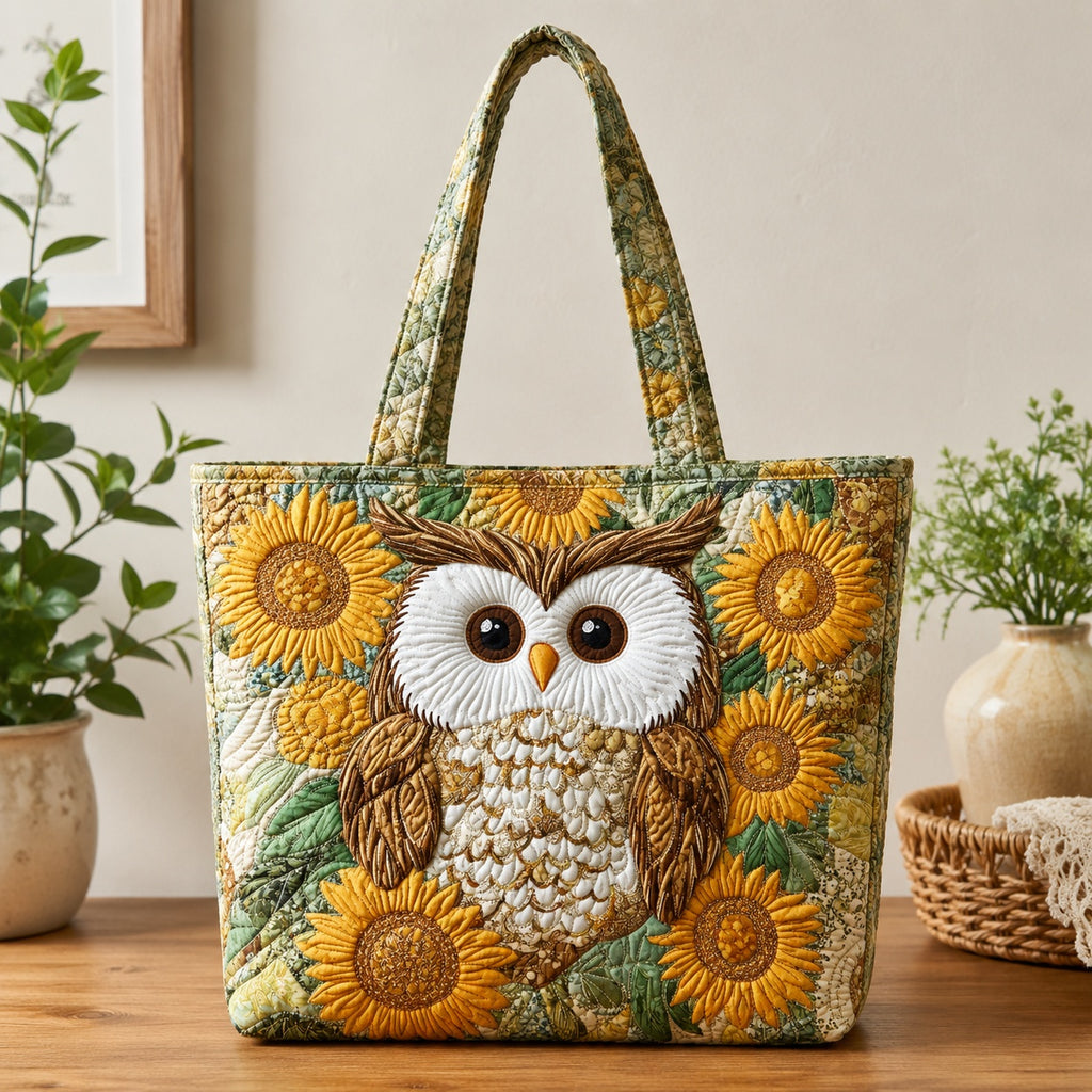 Sunflower Owl Quilted Tote Bag, Owl Floral Tote Bag, Quilted Shoulder Bag, Quilted Book Bag, Fabric Bag QTOTE56