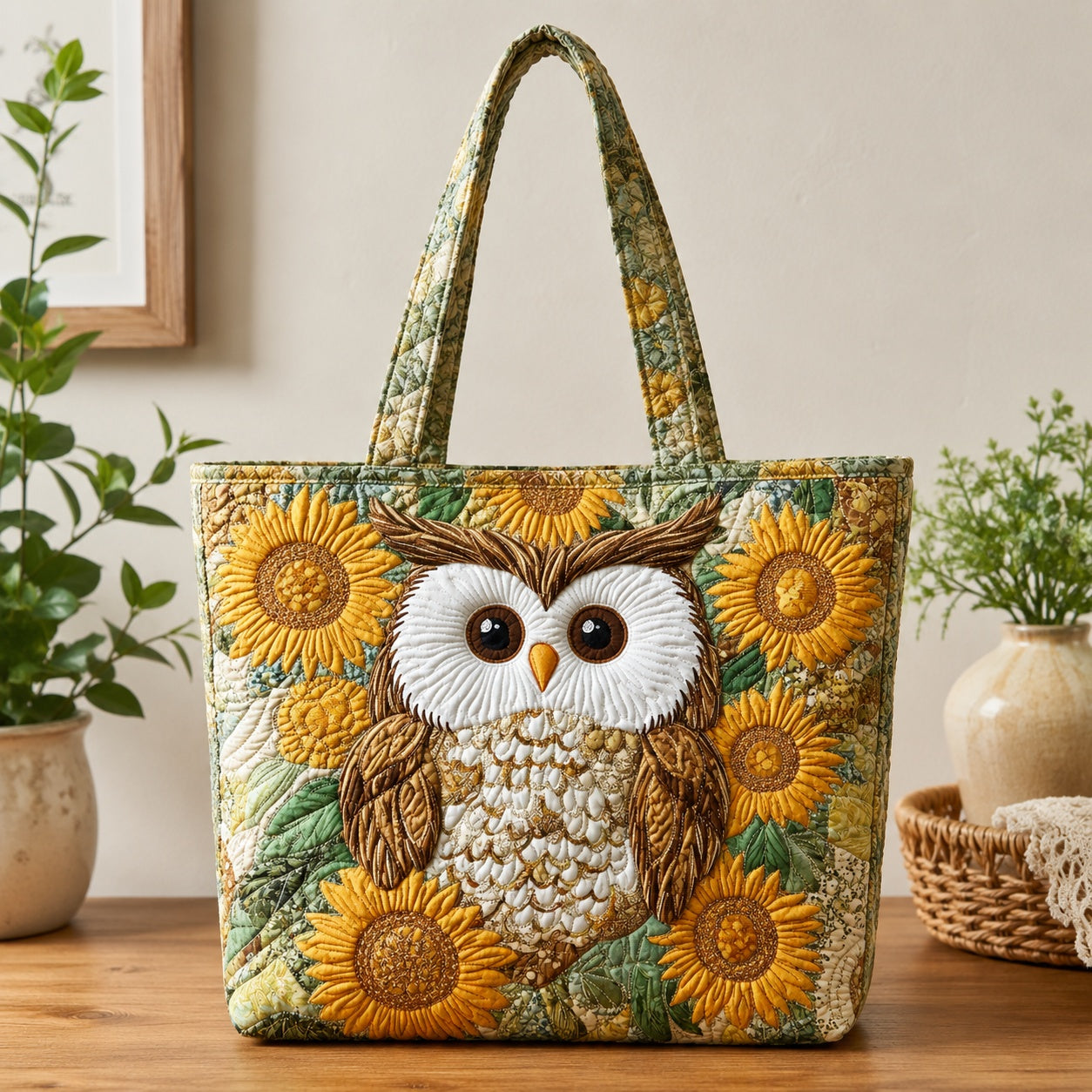 Sunflower Owl Quilted Tote Bag, Owl Floral Tote Bag, Quilted Shoulder Bag, Quilted Book Bag, Fabric Bag QTOTE56