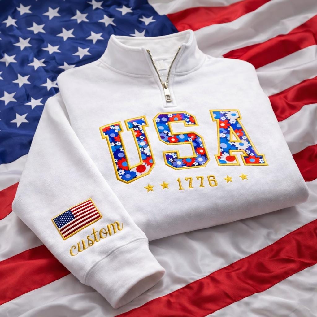 Embroidered USA Floral Crewneck Quarter Zip Sweater – Custom Sleeve American Pride Sweater, America 250th Anniversary, Independence Day Gift