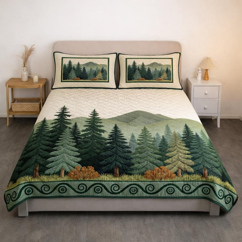 The Forest Pattern Blanket, Nature Forest Quilted Bedding Set, Custom Quilt with Pillow Covers, Bedding Decor QBEDSET38