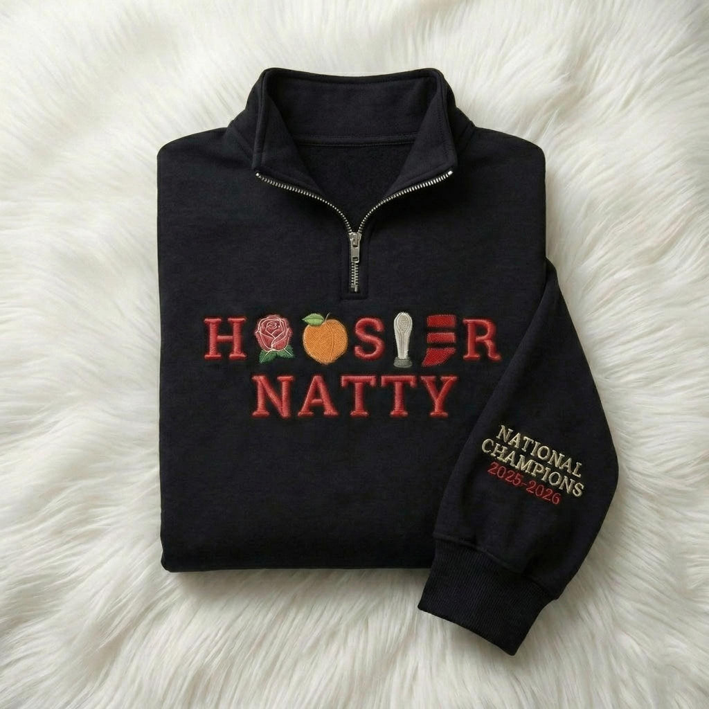 Embroidered Indiana Champions 2026 Quarter Zip Sweatshirt – Hoosiers Trophy Sweater, Unisex Indiana Fan Apparel, Game Day Embroidery