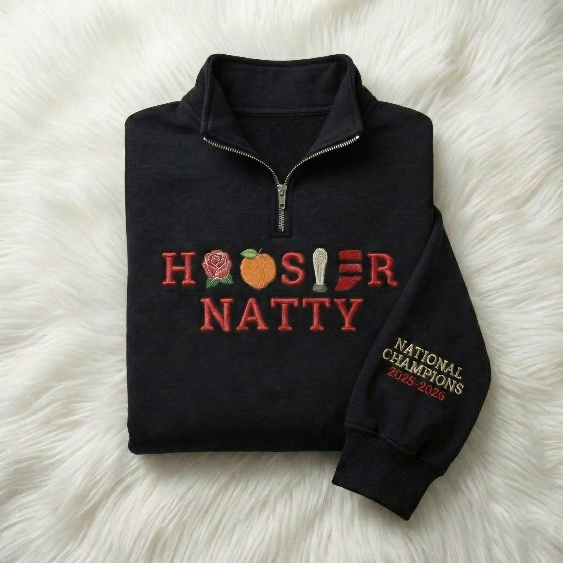 Embroidered Indiana Champions 2026 Quarter Zip Sweatshirt – Hoosiers Trophy Sweater, Unisex Indiana Fan Apparel, Game Day Embroidery