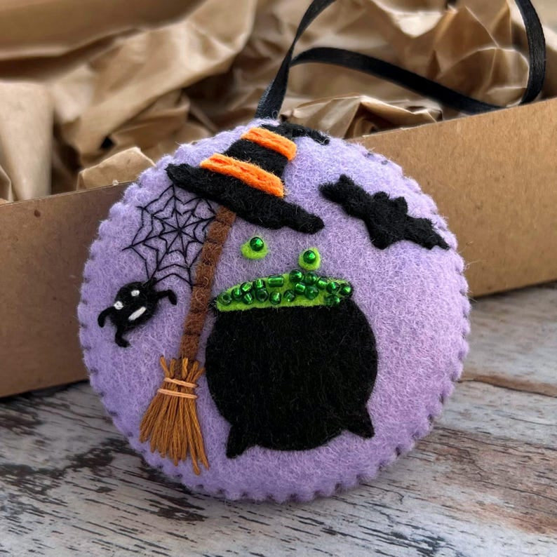 Halloween Witch Cauldron Felt Ornament, Custom Embroidery Halloween Ornament, Cute Ghost Pumpkin Cat Ornament, Hanging Decoration, Spooky Halloween Gift HFOR05