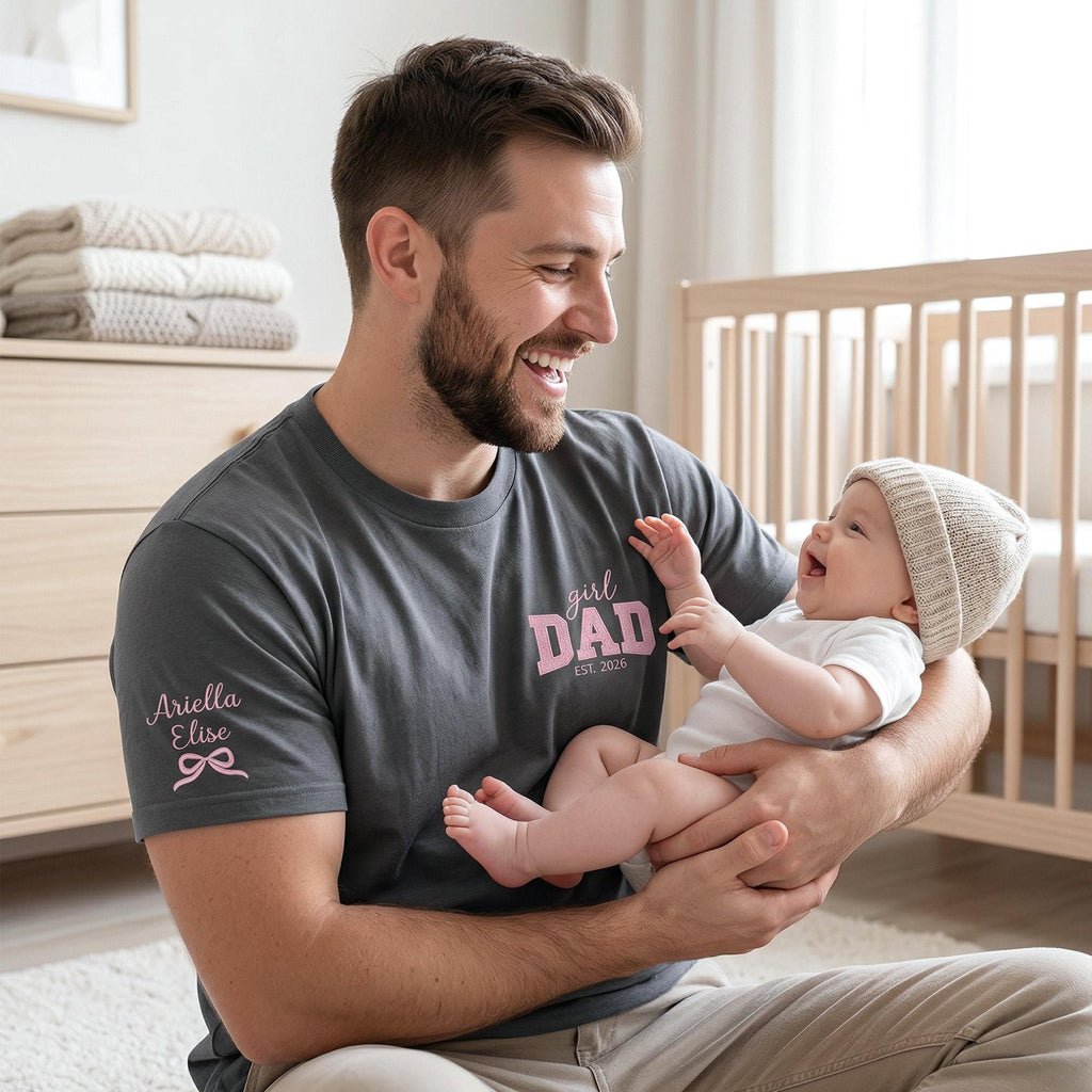 Expecting Girl Dad Shirt, Pregnancy Announcement Shirt for Dad, Embroidered Dad of Girls Shirt with Name, New Dad Gift