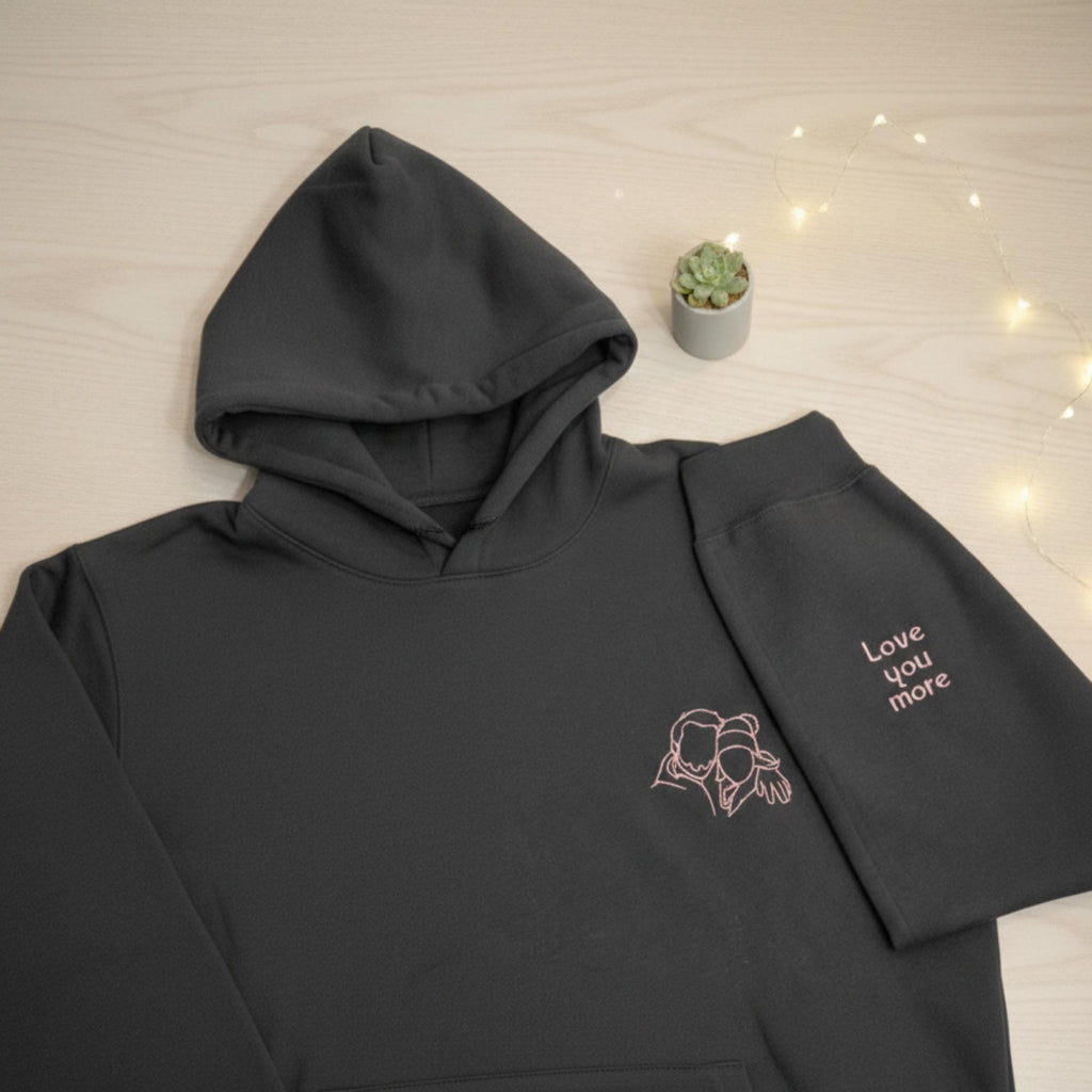 Custom Photo Embroidered Hoodie, Sketch from Photo, Personalised Couple or Family Portrait Hoodies, Line Art Embroidery Gift