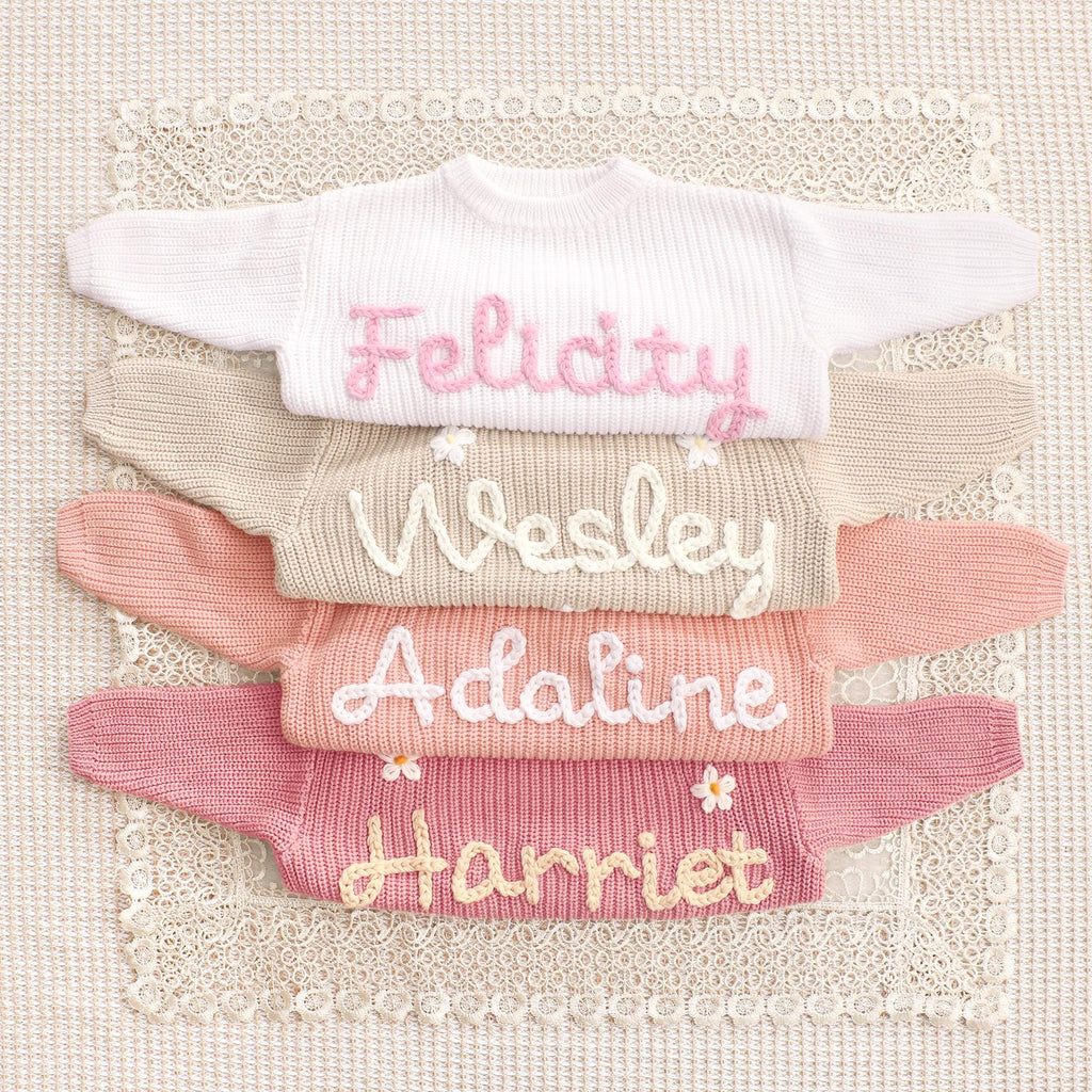 Baby Name Sweater Personalized, Hand Embroidered Knit for Girls or Boys, Cute Birthday Gift, Baby Outfit