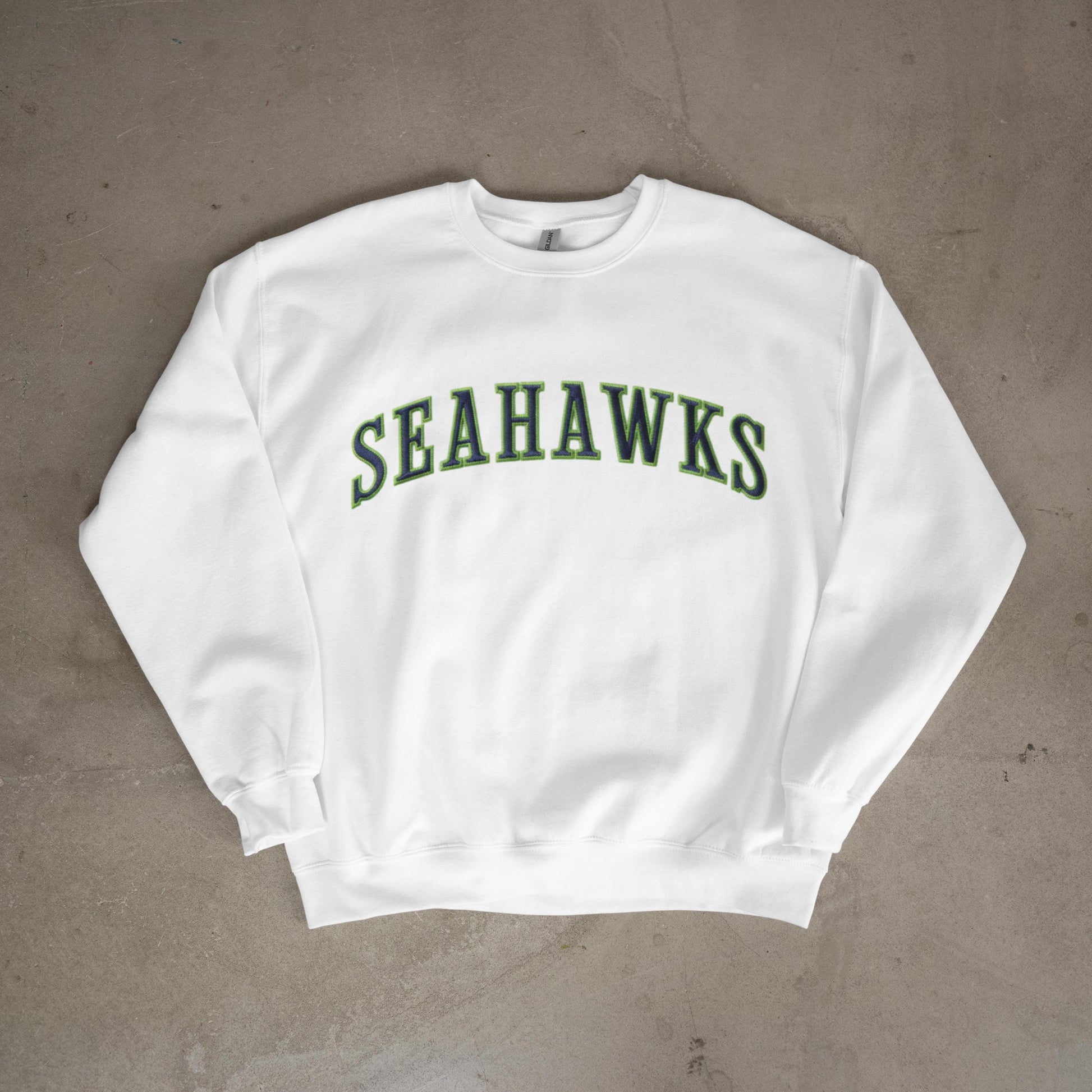 Embroidered Seahawks Crewneck Sweatshirt, Green and Navy Lettering, Seattle Football Fan Merch Apparel