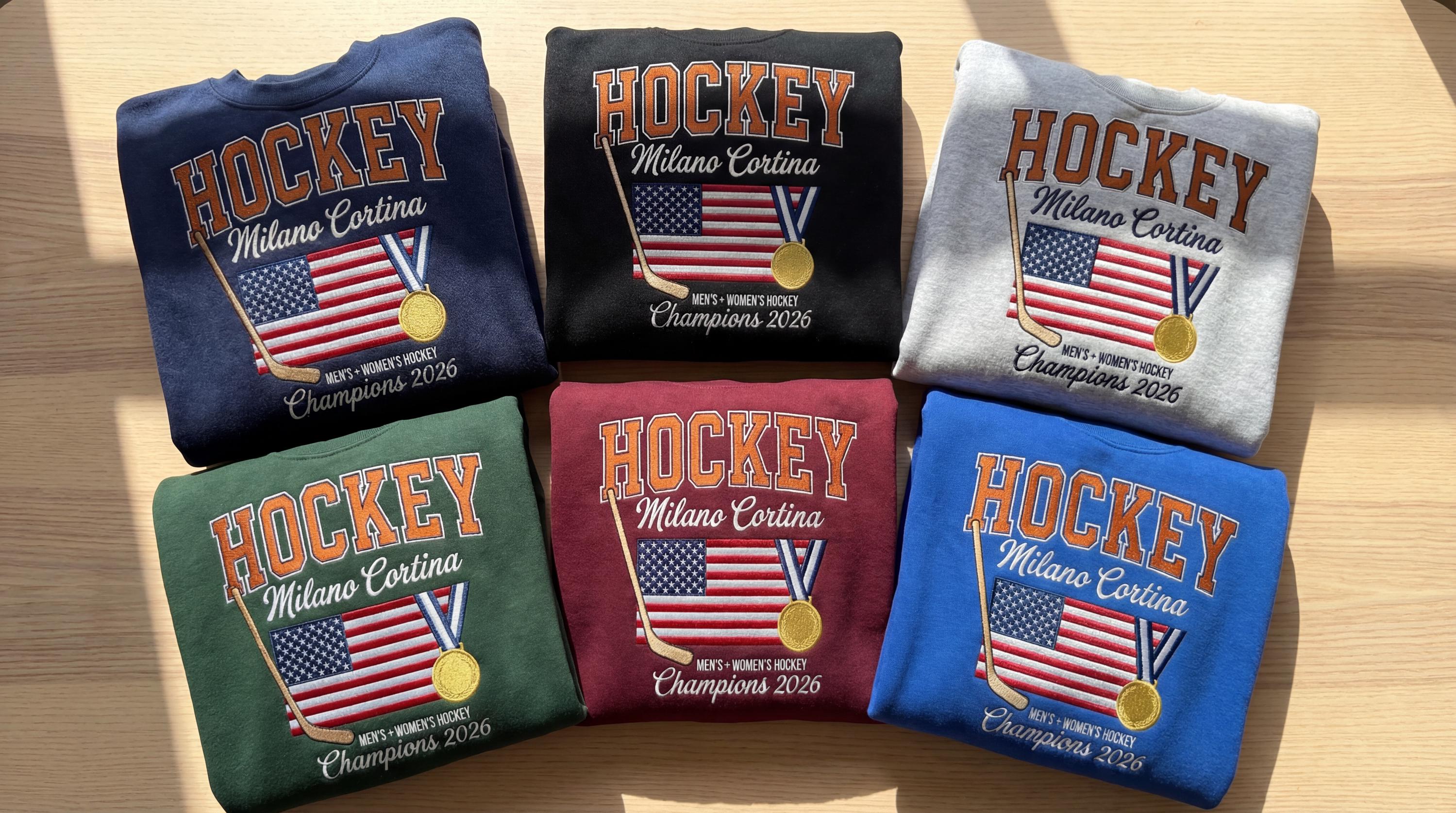 American Hockey Gold Medal Champions 2026 Embroidered Sweatshirt, Patriotic USA Red White Blue Crewneck Winter Sports Fan Pullover