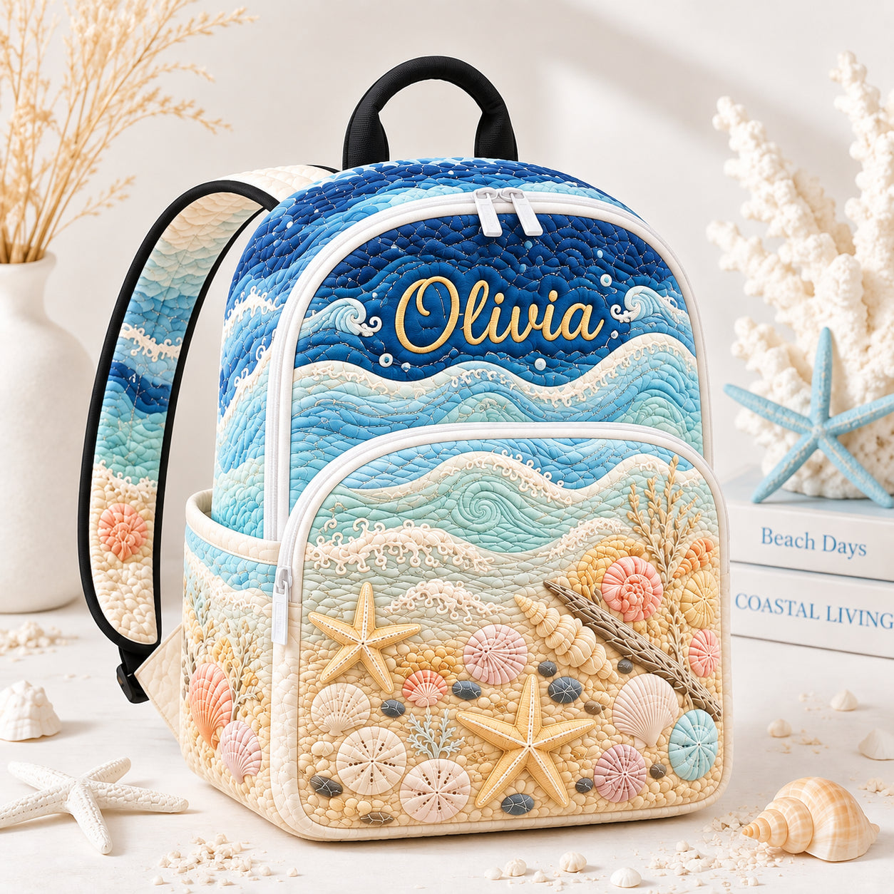 Personalized Ocean Quilted Backpack, Custom Beach Pattern Backpack, School Bag, Travel Bag, Back To School Backpack QBP02