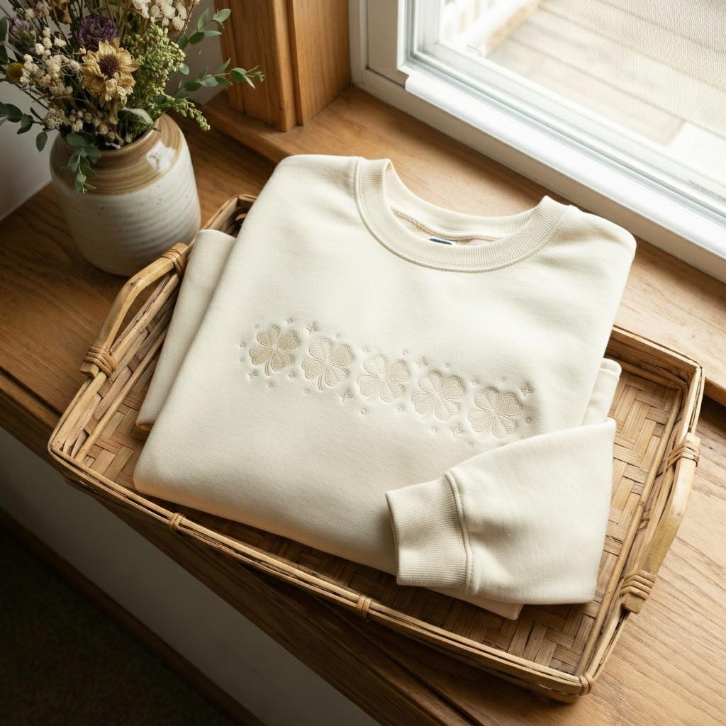 Embroidered Clover Sweatshirt, St. Patrick’s Day Irish Shirt, Lucky Tone-on-Tone Crewneck, Patrick’s Day Family Gift