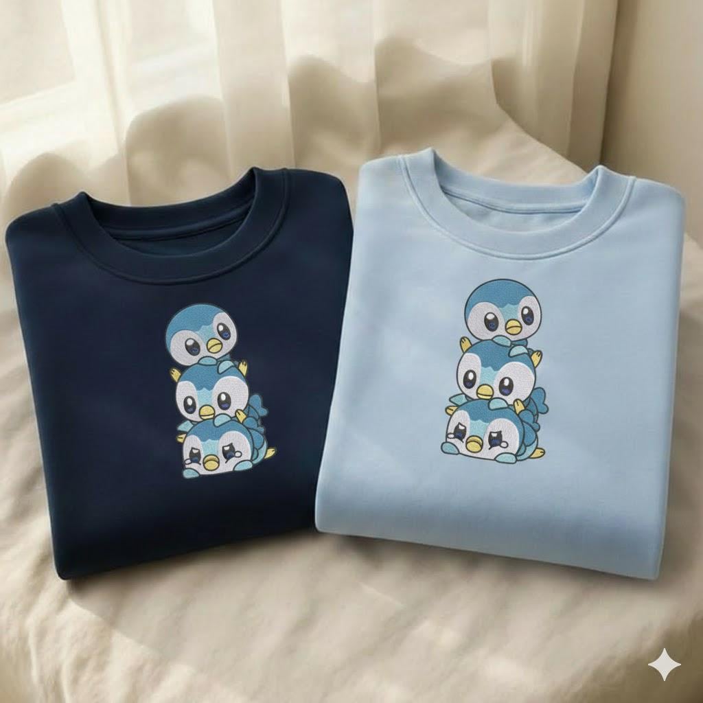 Piplup Embroidered Cute Penguin Pokemon Crewneck, Custom Piplup Stack Anime Embroidery Gift