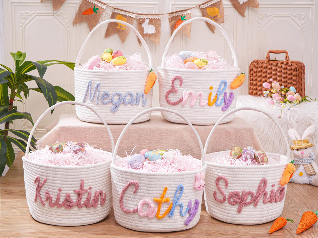 Personalized Easter Basket with Name, Handwoven Rope Basket, Easter Bunny Gift for Kids, Easter Egg Hunt Basket, Baby Shower Gift