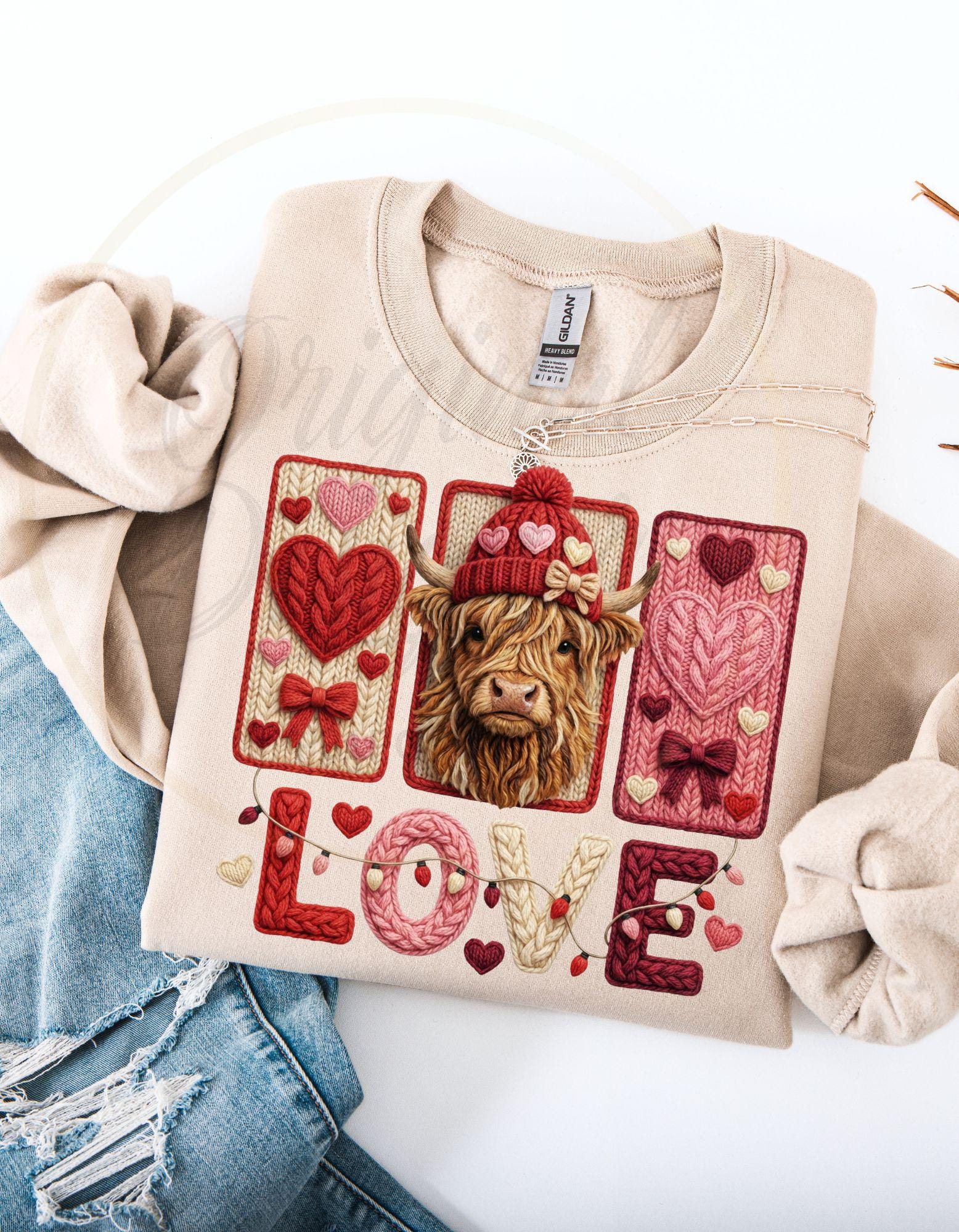 Highland Cow Knitted Embroidered Sweatshirt – Cozy Farm Animal Crewneck, Rustic Cottagecore Style