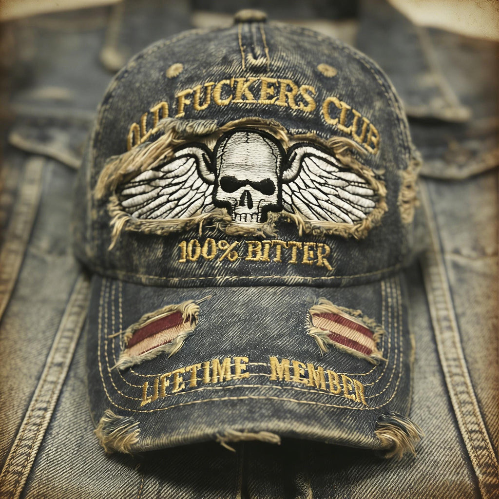 Old Fuckers Club Distressed Denim Cap – Embroidered Skull Adjustable Dad Hat