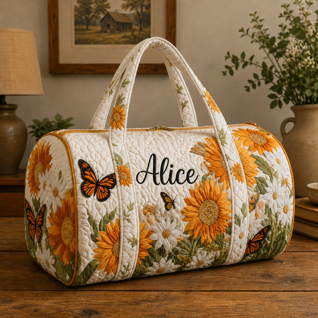 Sunflower And Butterfly Quilted Duffle Bag, Custom Floral Duffle Bag, Boho Overnight Bag, Quilted Travel Bag, Quilted Weekend Bag, Custom Bag Gift DFB05