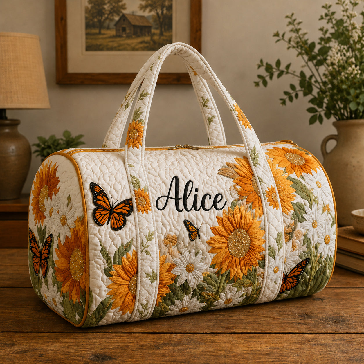 Sunflower And Butterfly Quilted Duffle Bag, Custom Floral Duffle Bag, Boho Overnight Bag, Quilted Travel Bag, Quilted Weekend Bag, Custom Bag Gift DFB05