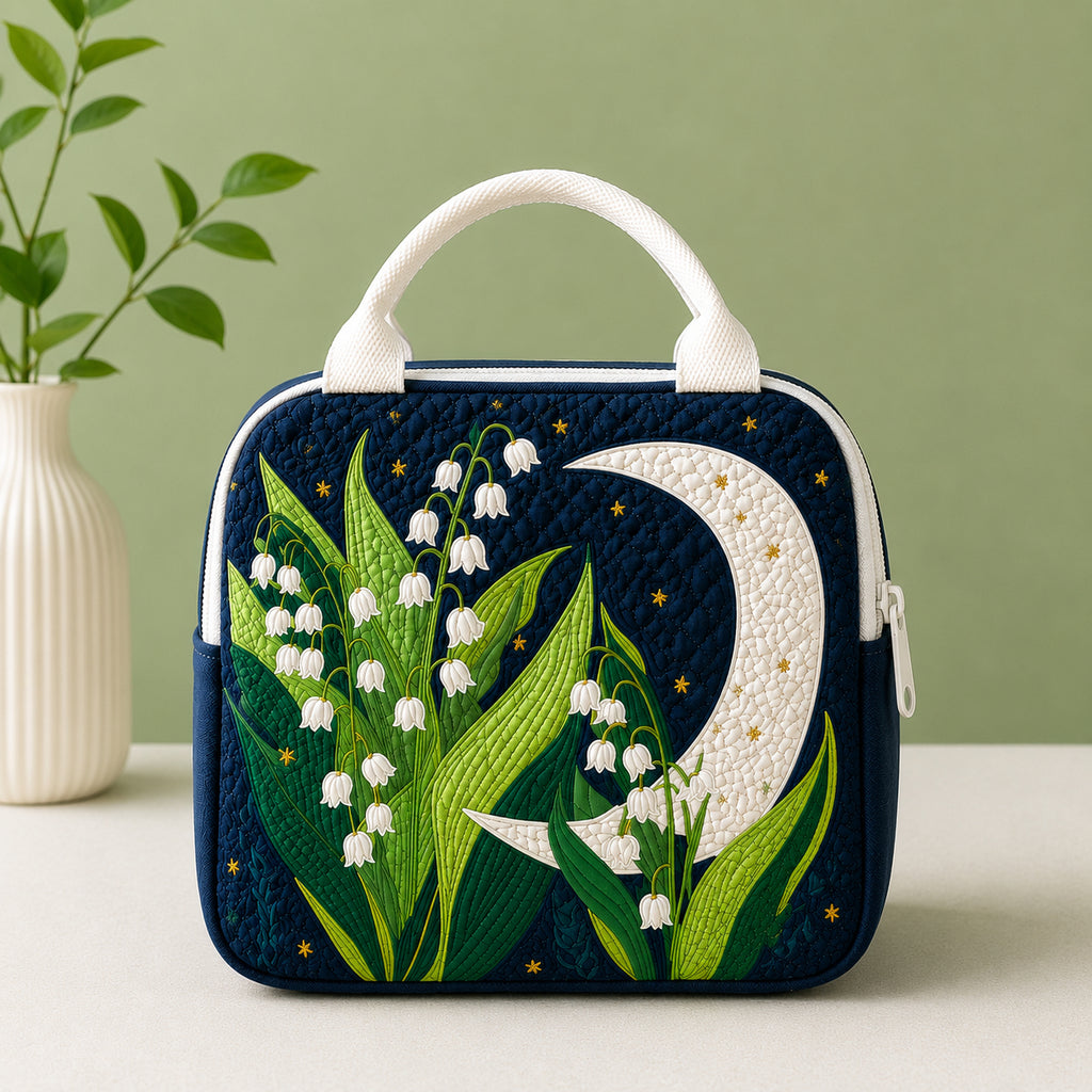Floral Moon Quilted Lunch Bag, Insulated Quilted Lunch Tote, Flowers Lunch Bag, Custom Lunch Bag, Picnic Bag, Reusable Lunch Tote QLB05
