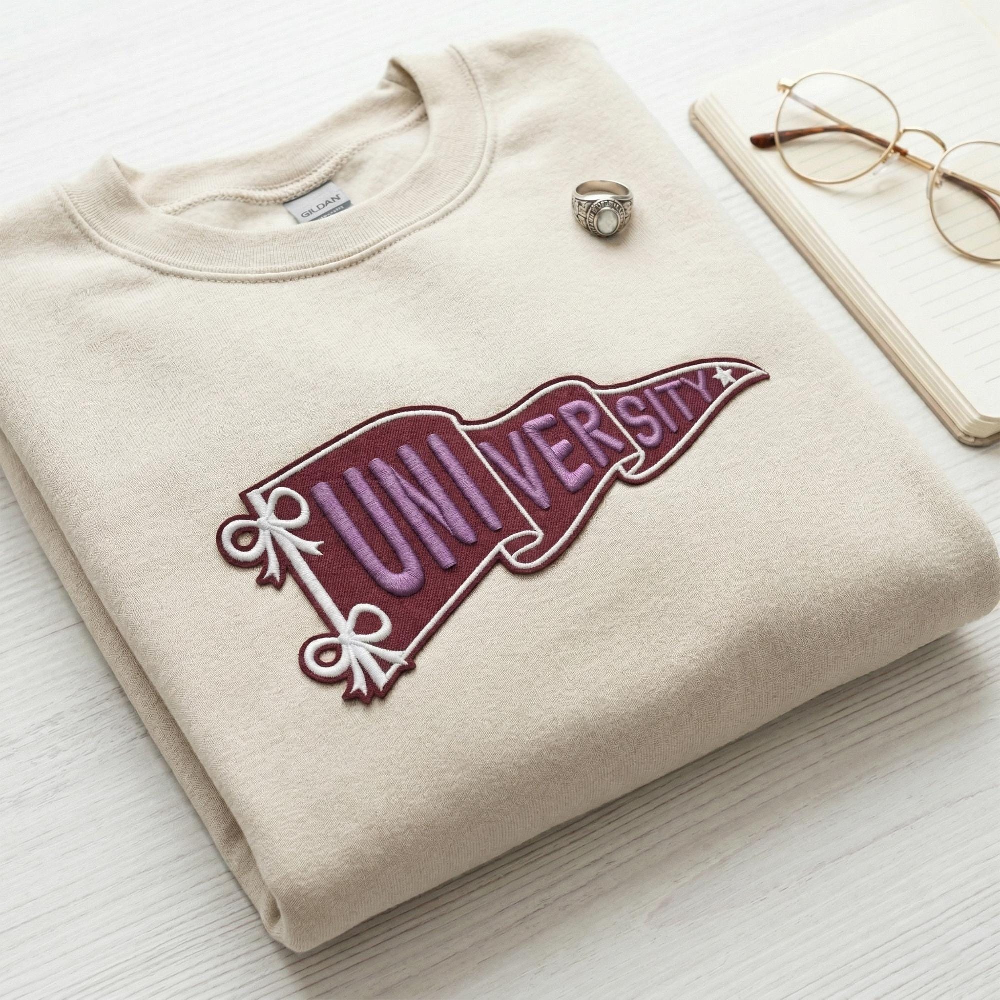 Custom Embroidered Pennant College Sweatshirt, Personalized Team Name Sweater, Sports Varsity Crewneck, Game Day Apparel, Custom School Gift