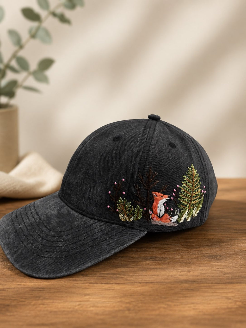 Fox Forest Hand-Embroidered Baseball Cap, Custom Embroidered Cap, Hand Embroidered Cap, Custom Hat Embroidery, Gift For Her EMH05
