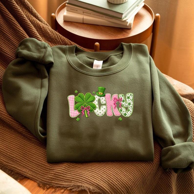 Coquette Lucky Embroidered Sweatshirt, Checkered Shamrock Crewneck, St Patrick’s Day Clover Shirt