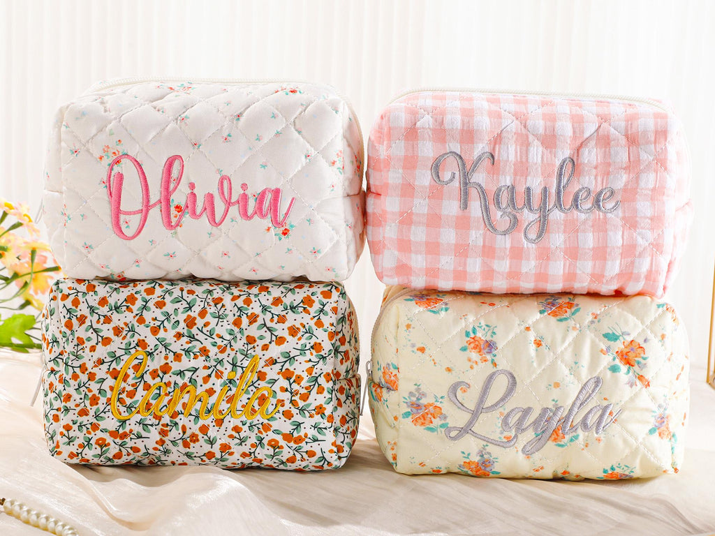 Personalized Embroidered Makeup Bag – Custom Floral Cosmetic Bag, Travel Makeup Pouch, Bridesmaid Gift for Her