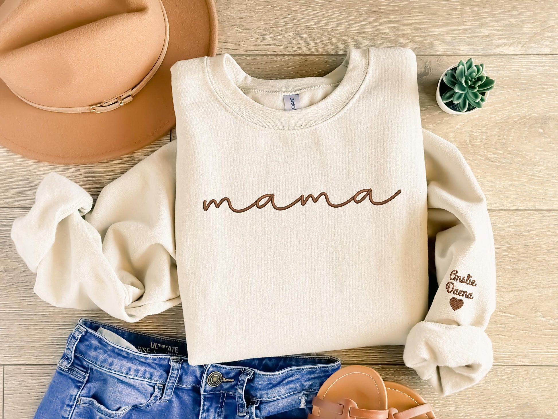 Embroidered Personalized Mama Sweatshirt, Custom Kids Names on Sleeve, Mother’s Day Gift