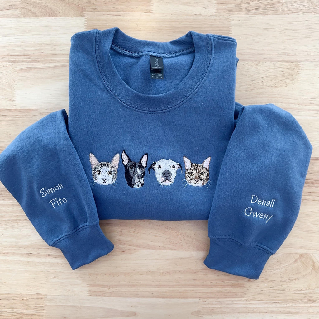 Custom Pet Portrait Sweatshirt – Embroidered Dog or Cat Hoodie, Personalized Gift for Pet Lovers, Pet Memorial Sweater