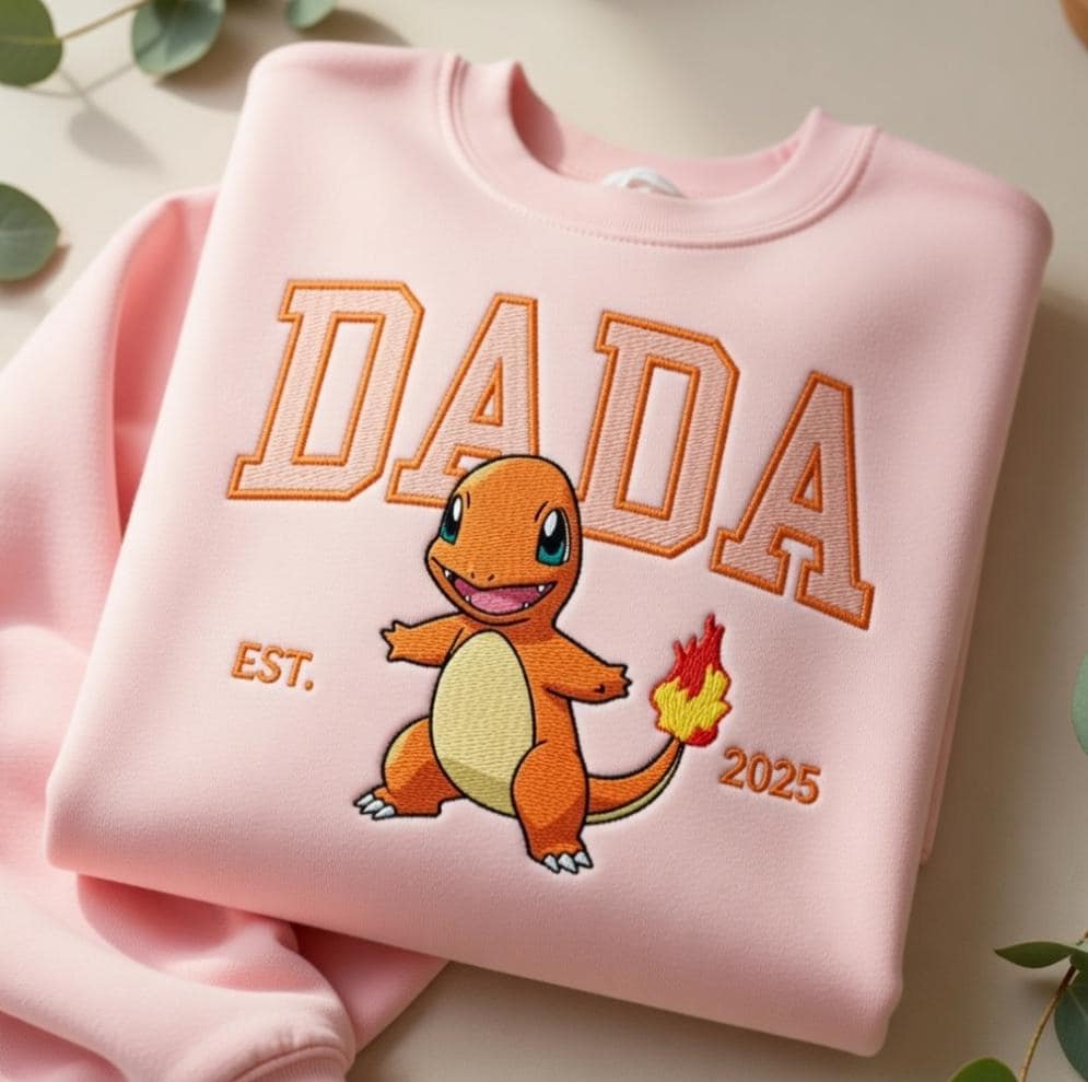 Embroidered Custom Pokedad Pokemom Hoodie, Cute Poke Characters Sweatshirt, Cozy Anime Embroidery, Gift for PKM Fans, Gift for dada and mama