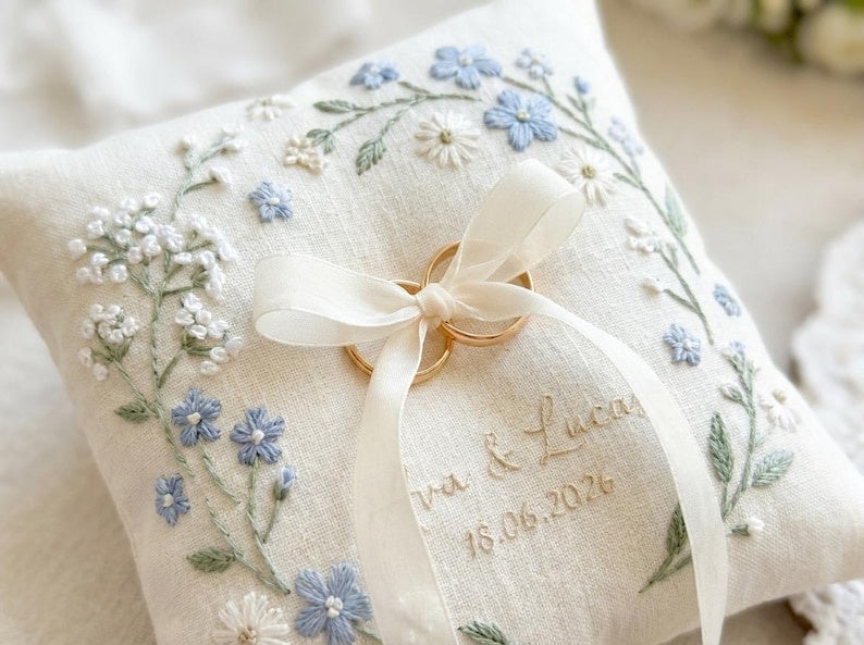 Personalized Embroidered Summer Floral Wedding Ring Bearer Pillow, Custom Wedding Ring Pillow, Wedding Keepsake Gift WPILLOW04