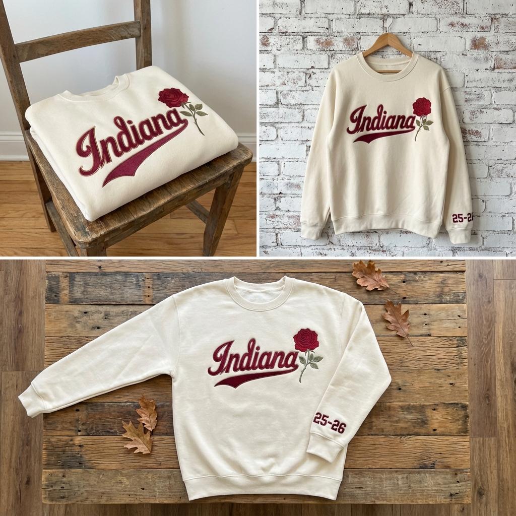Embroidered Indiana Rose Sweatshirt, Indiana Football Style Crewneck, Vintage College Aesthetic Sweatshirt, Game Day Gift, Hoodie