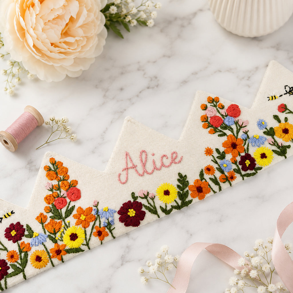 Hand-Embroidered Flower Linen Birthday Crown, Personalized Floral Name Keepsake, Birthday Crown For Kid, Custom Embroidered Crown EMC04