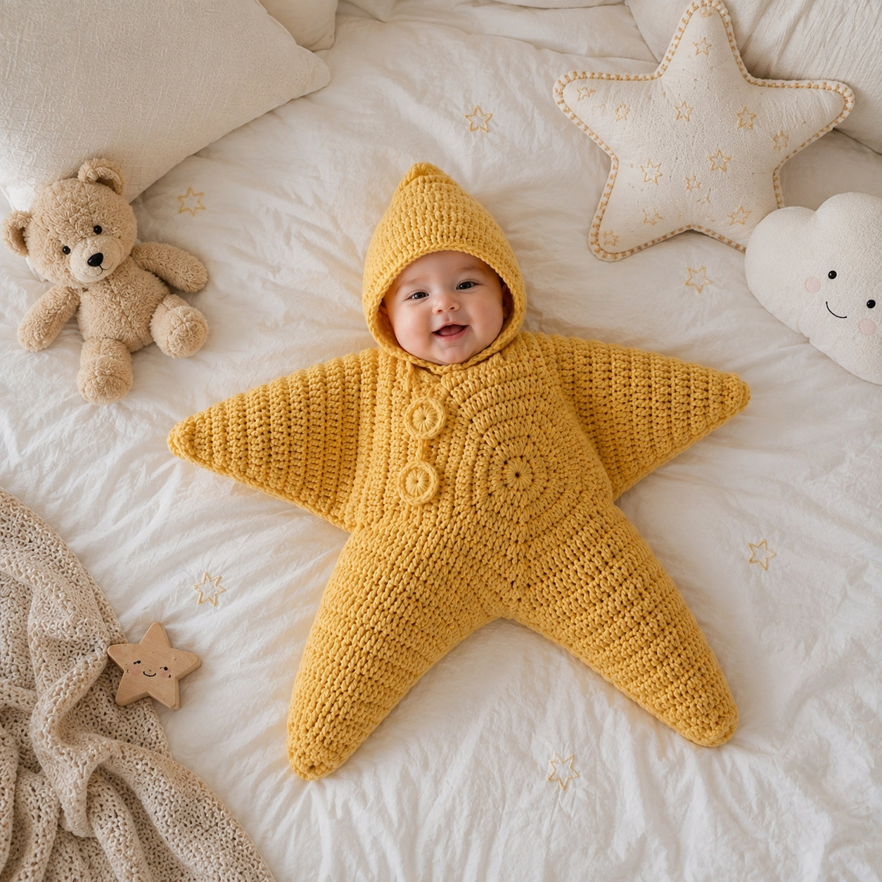 Personalized Star Baby Swaddle, Cute Baby Star Cocoon, Custom Baby Star Romper Sleep Sack, Hooded Newborn Wrap, Handmade Crochet Knit Outfit, Custom Name Baptism Baby Shower Gift BABYSR05