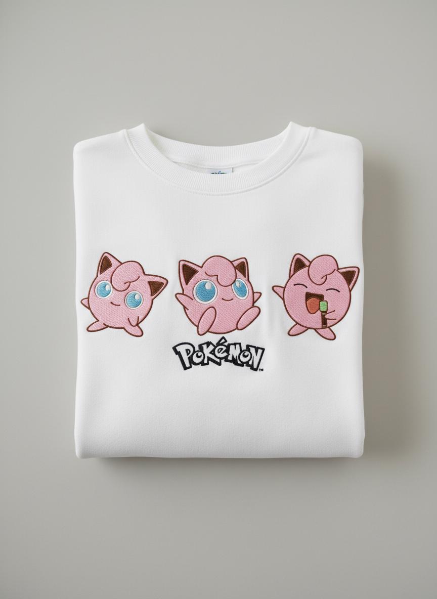 Embroidery Jigglypuff PKM Sweatshirt, Pokemon Character Embroidery Shirt, Jigglypuff Character Embroidery Hoodie, Fashion Clothing