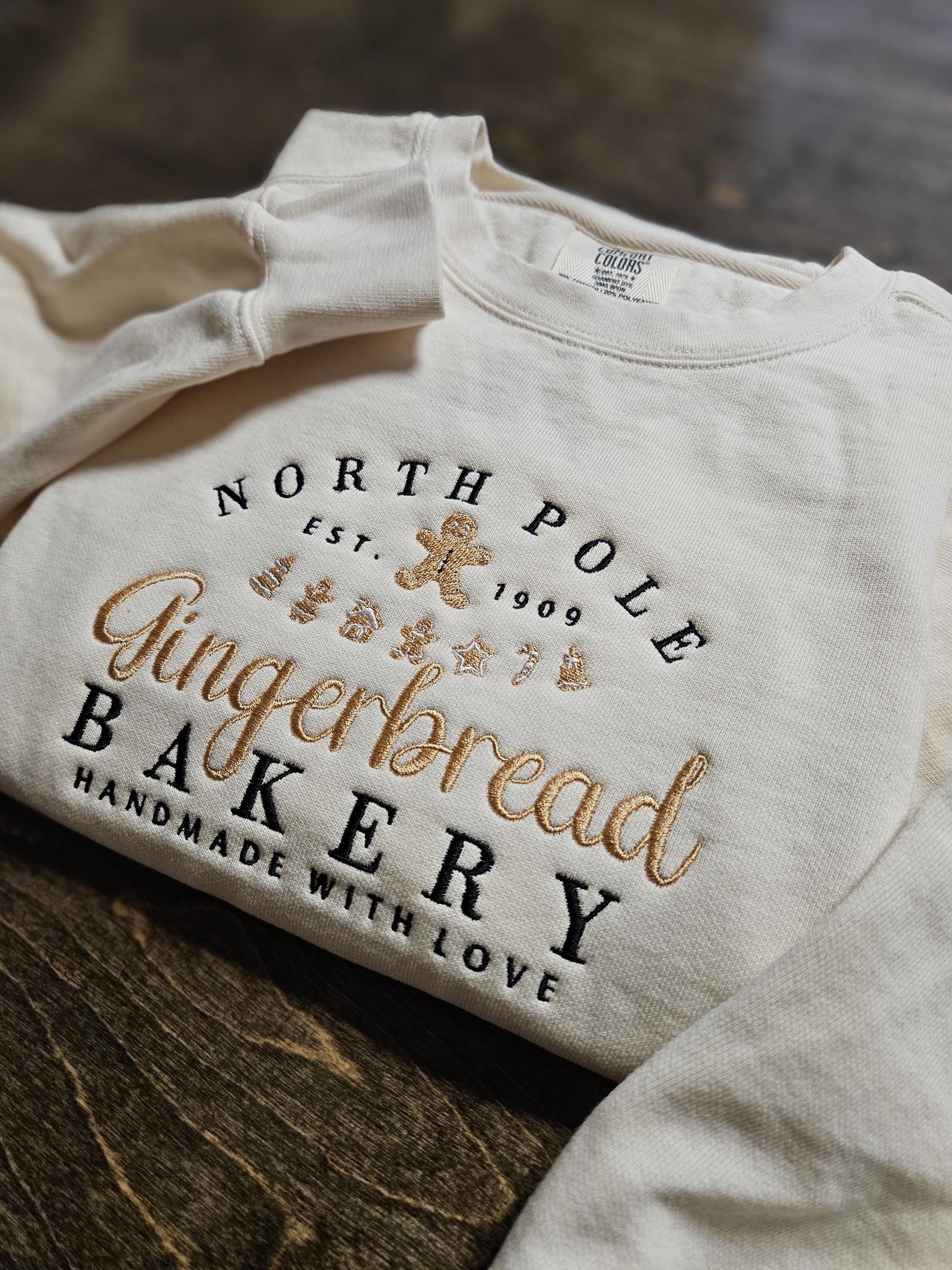 North Pole Gingerbread Bakery Embroidered Sweatshirt, Vintage Christmas Crewneck, Gingerbread Shirt, Cozy Holiday Sweater Gift