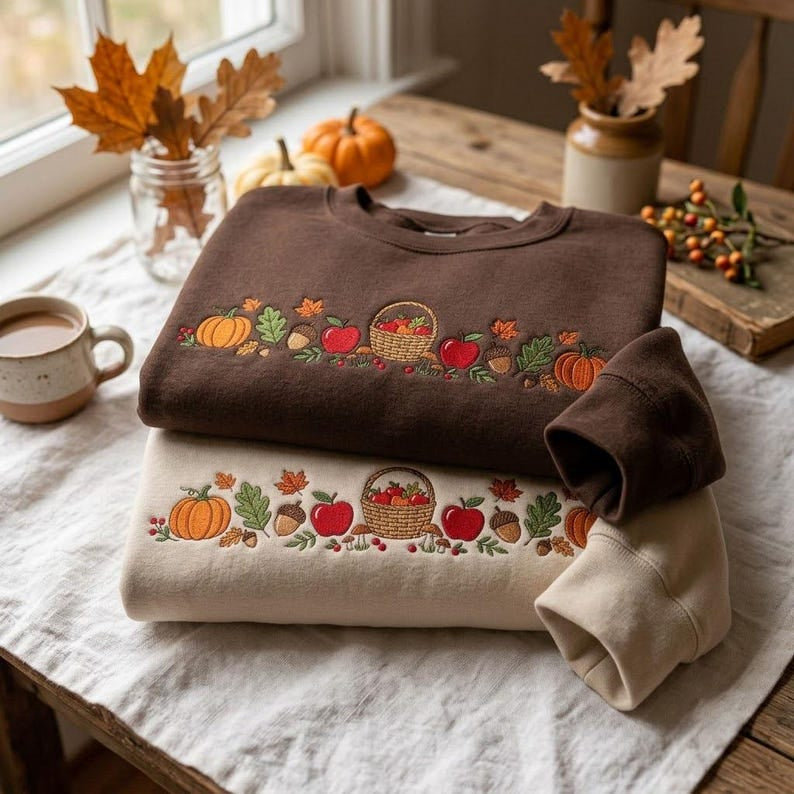Embroidered Fall Harvest Pumpkin Shirt, Autumn Cozy Season Shirt, Thanksgiving Pumpkin Apple Shirt, Fall Gift, Fall Unisex Kid Adult Shirt HLNS05