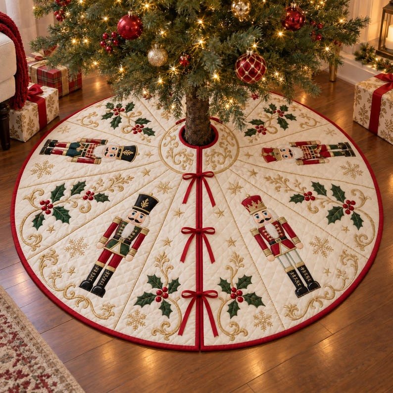 Nutcracker Quilted Tree Skirt, Patchwork Xmas Tree Skirt, Holiday Decor, Xmas Tree Base Cover, Custom Tree Skirt XMASTS05