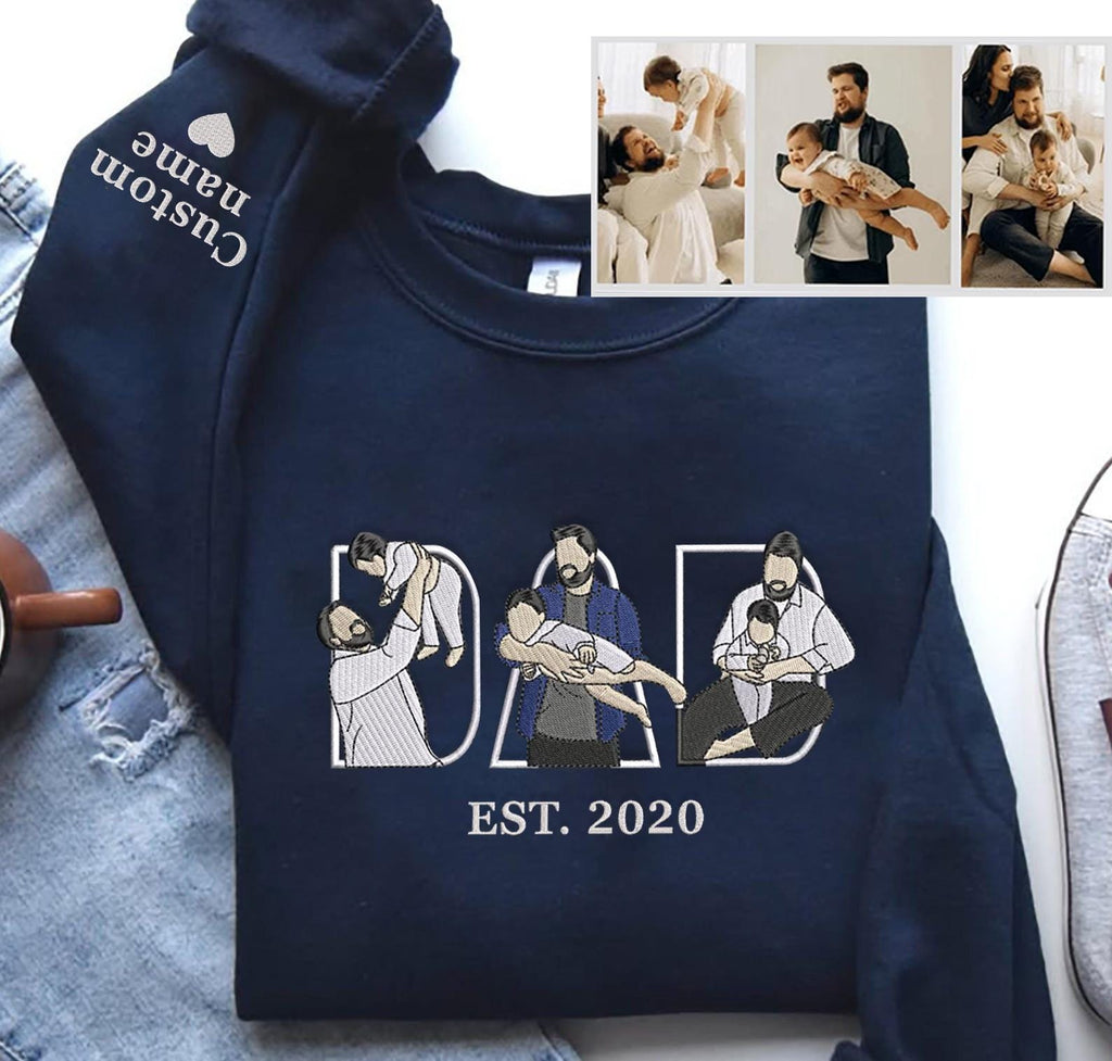 Embroidered Dad Hoodie, Custom Kid Portrait Sweatshirt, Personalized Name Sleeve