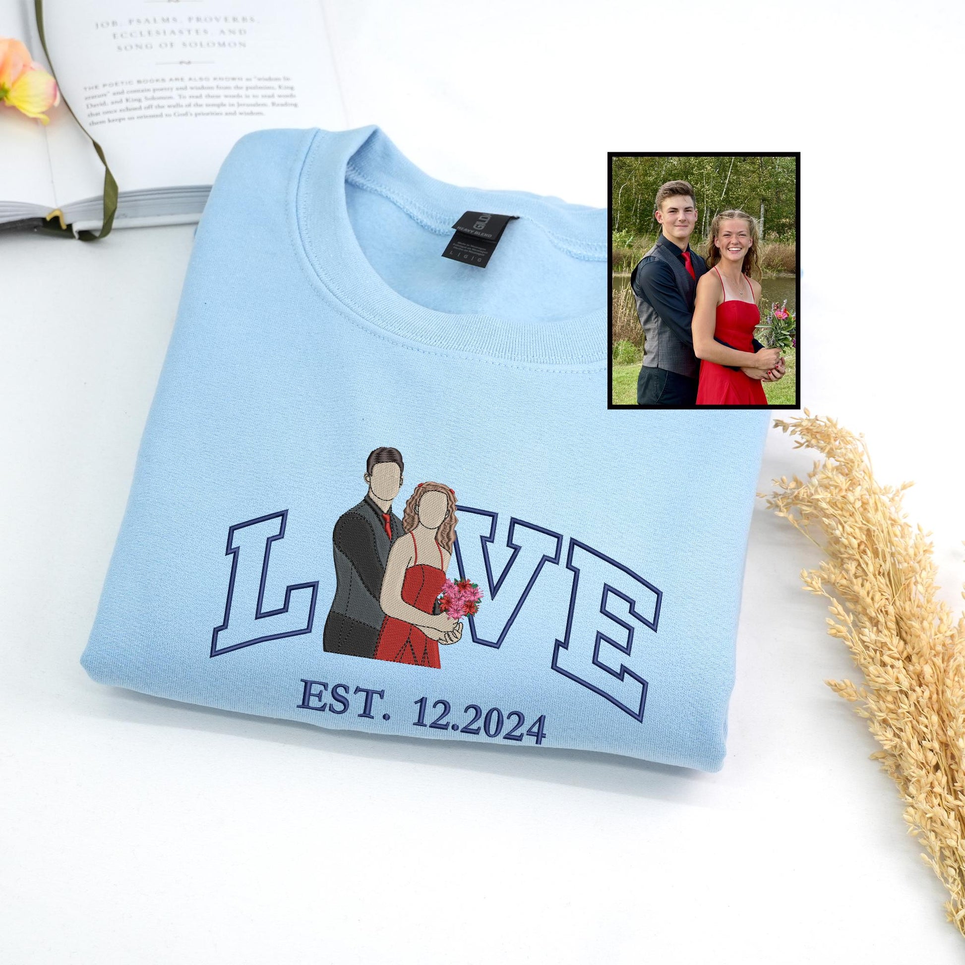 Custom Embroidered Hoodie for Girlfriend, Couple Portrait Embroidery Hoodie, Personalized Valentine Sweatshirt