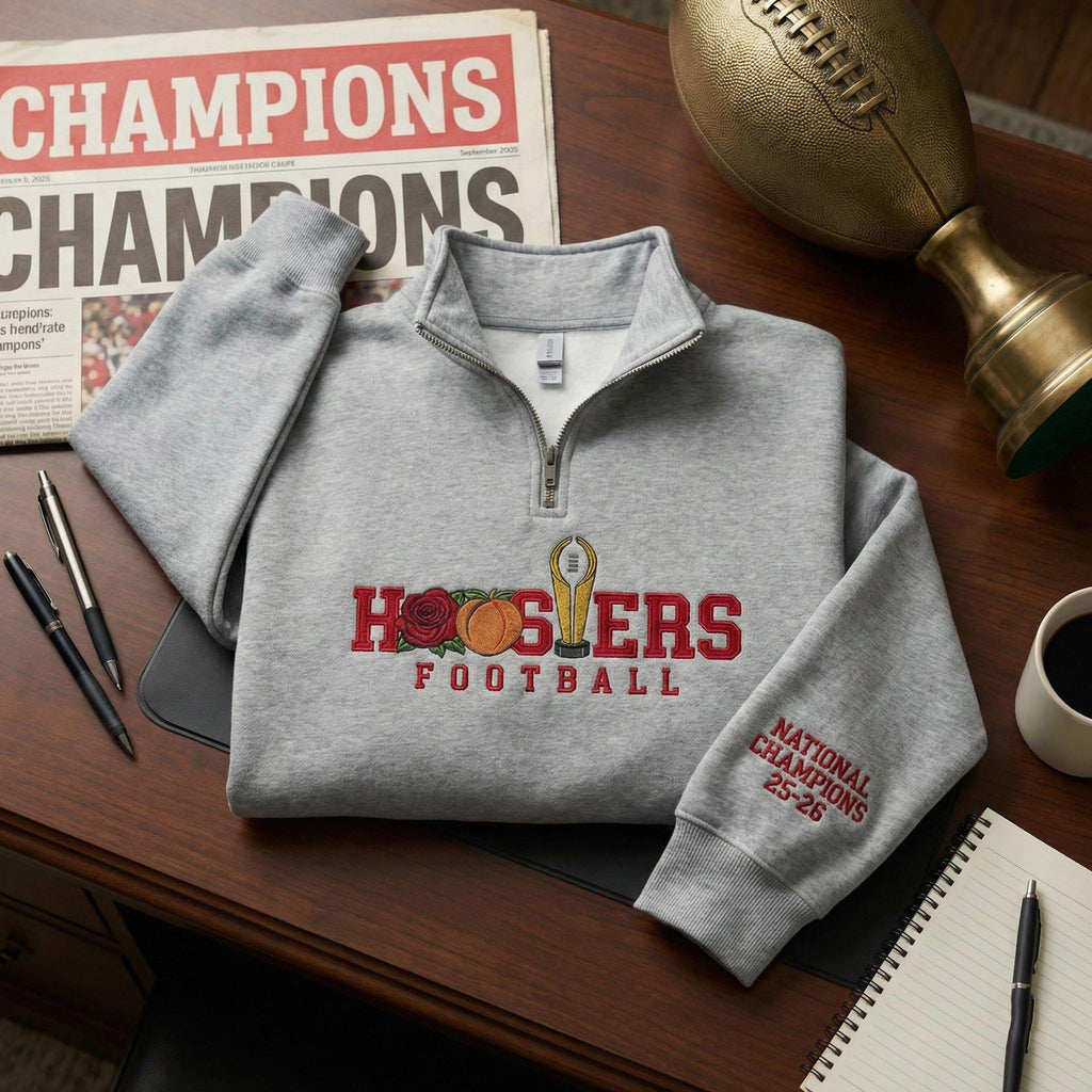 Embroidered Indiana Champions 2025–2026 Quarter Zip Sweatshirt – Indiana Football Trophy Sweater, Unisex Hoosiers Fan Apparel