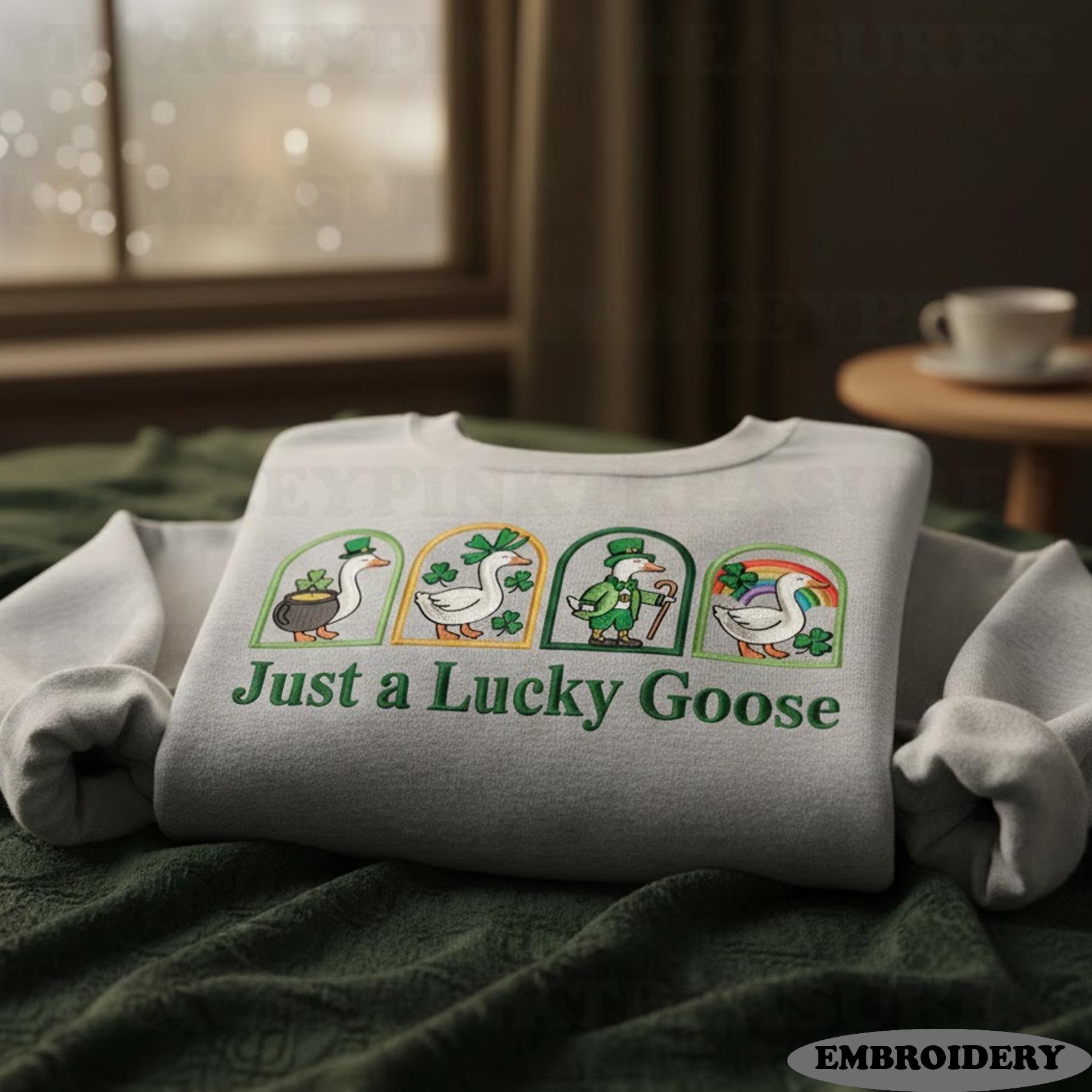 Embroidered St. Patrick’s Day Goose Shirt – Cute Funny Irish Goose Embroidery, Lucky Shamrock Holiday Gift