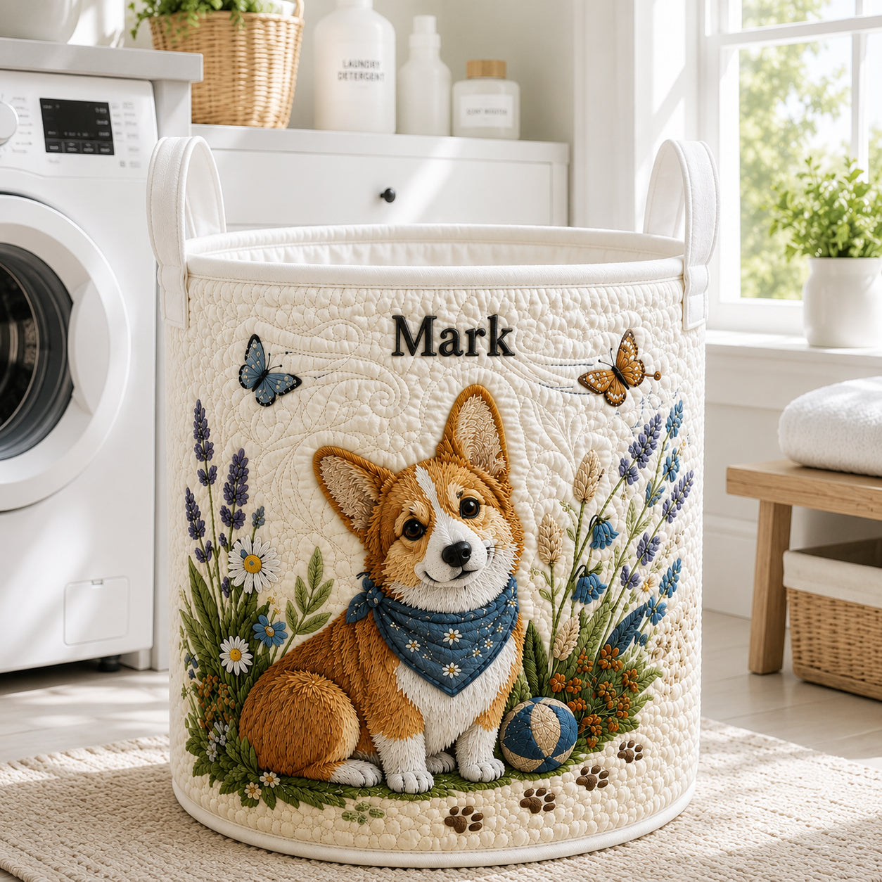 Cute Corgi Quilted Laundry Basket, Dog Storage Hamper, Custom Name Quilted Basket, Laundry Room Decor, Fabric Clothes Basket QBK80